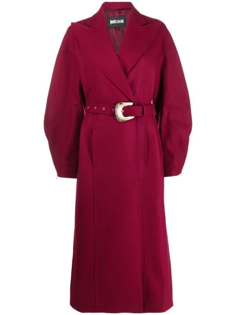 Just Cavalli Long Belted Coat In 248 Red | ModeSens
