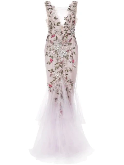 Shop Marchesa Floral Beaded Gown In Purple