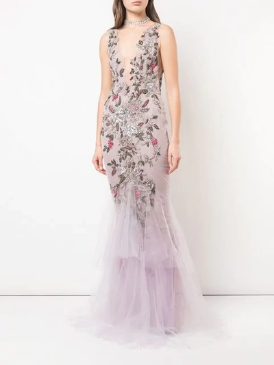 Shop Marchesa Floral Beaded Gown In Purple