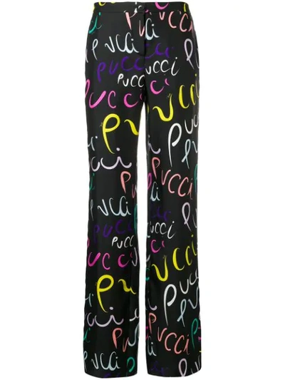 Shop Emilio Pucci Pucci Pucci Print Silk Trousers In 012 Nero Multicolor