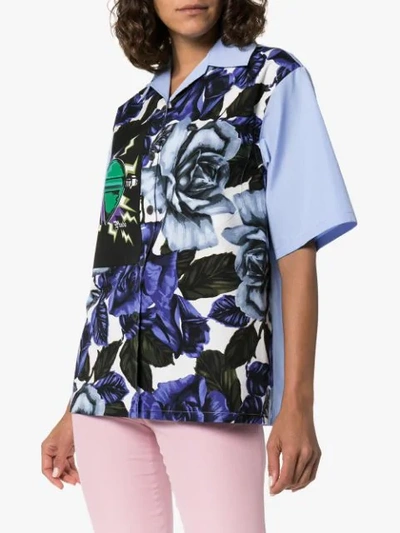 Shop Prada Floral Print Heart Patch Shirt In Blue