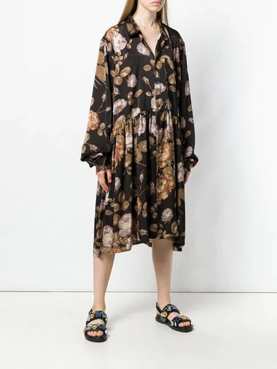Shop Junya Watanabe Floral Oversized Shirt Dress In Brown