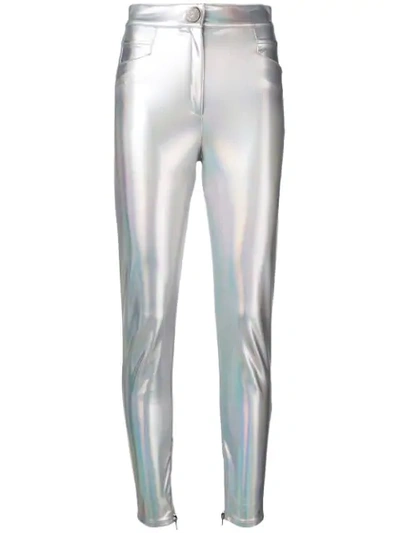 Shop Balmain Coated Holographic Trousers In Grey