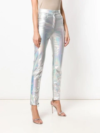 Shop Balmain Coated Holographic Trousers In Grey