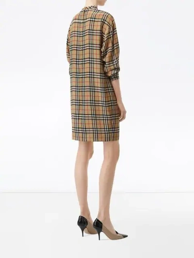 BURBERRY VINTAGE CHECK SILK TIE-NECK DRESS - 棕色