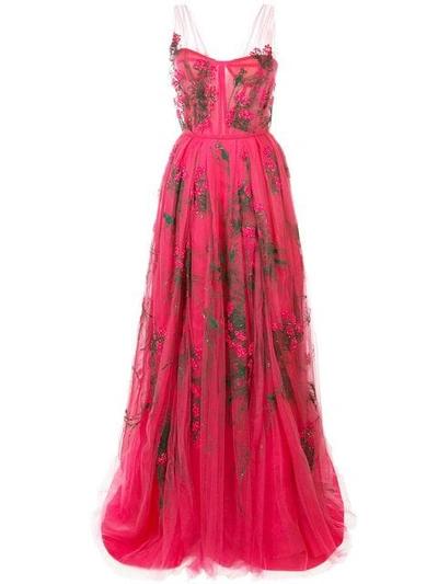 CAROLINA HERRERA 花卉刺绣薄纱礼服 - 粉色