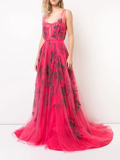 Shop Carolina Herrera Embroidered Tulle Gown In Pink