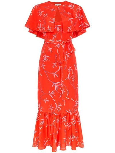 Shop Borgo De Nor Margarita Crepe Floral Print Cape Detail Dress In Red