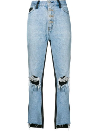 Shop Amiri Leather Panelled Cropped Jeans In Blue