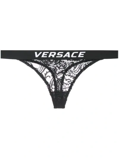 Shop Versace Baroque Mesh Thong In Black