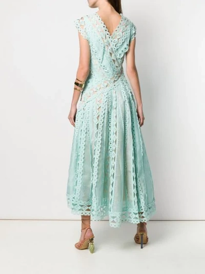Shop Zimmermann Embroidered Flared Midi Dress In Green