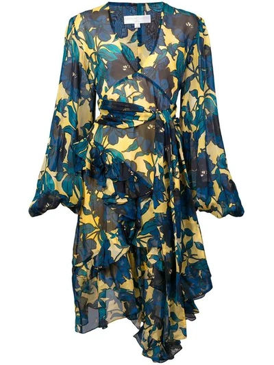 Shop Caroline Constas Floral Printed Flared Dress In Blue