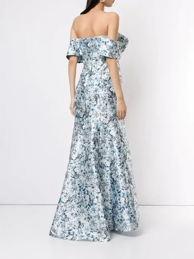 Shop Badgley Mischka Off-the-shoulder Ruffle Gown In Blue