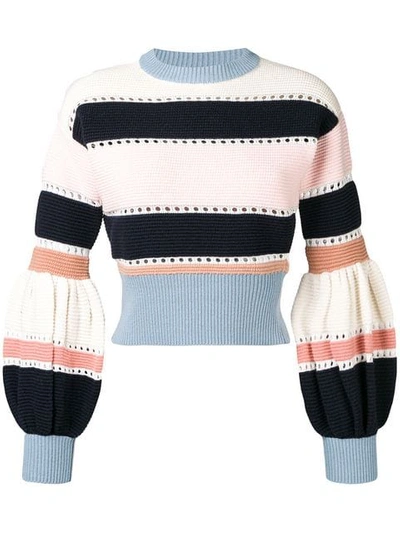 Shop Self-portrait Puff Sleeve Striped Sweater In Multi Stripe