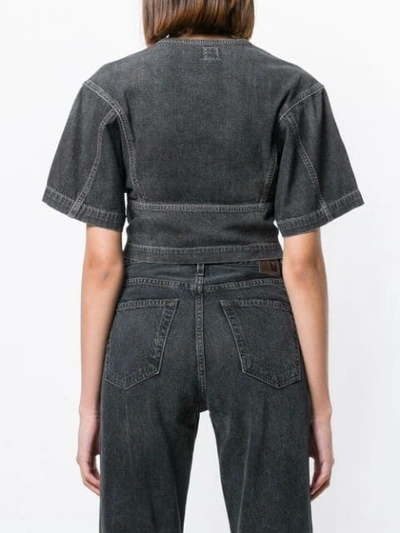 Shop Jean Atelier Kimono Cropped Denim Blouse In Grey