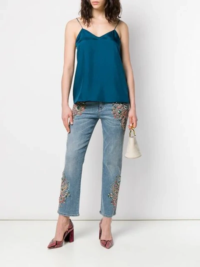 Shop Roberto Cavalli Crystal Embroidered Cropped Jeans In Blue