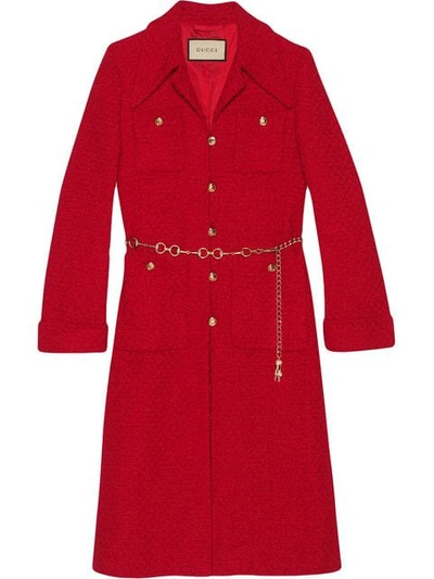 Shop Gucci Tweed Coat With Horsebit Belt In 6511 Red