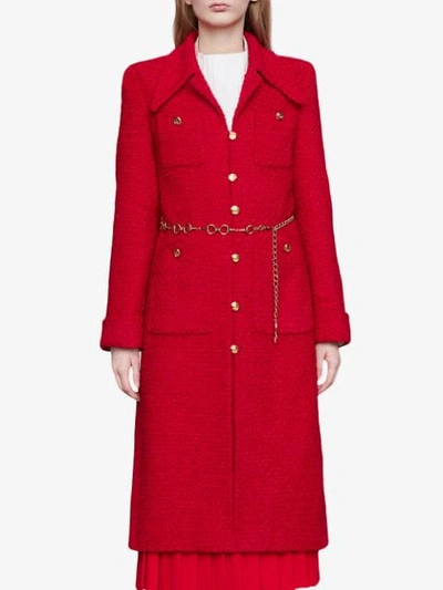 Shop Gucci Tweed Coat With Horsebit Belt In 6511 Red