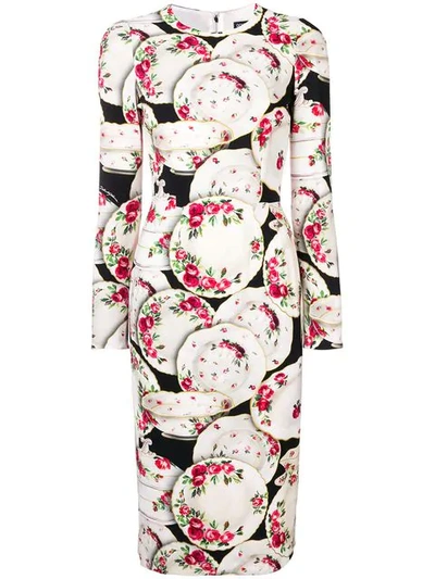 Shop Dolce & Gabbana Plate Print Midi Dress In White