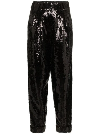 Shop Balmain Sequin Embellished Silk Trousers In Black