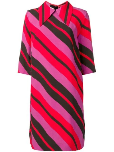Shop Marni Striped Pointed Collar Dress In Red