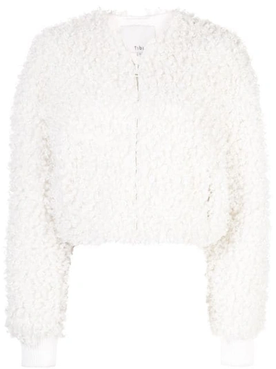 Shop Tibi Furry Cropped Bomber Jacket In White