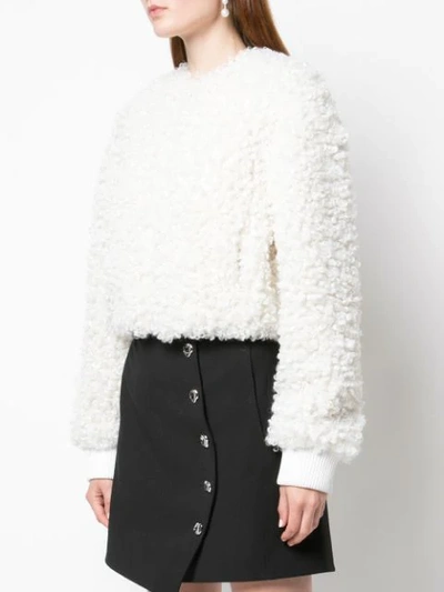 Shop Tibi Furry Cropped Bomber Jacket In White