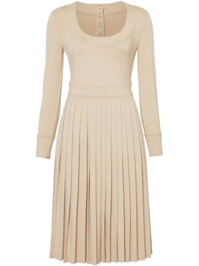 Shop Burberry Long Sleeve Pleated Dress In Neutrals