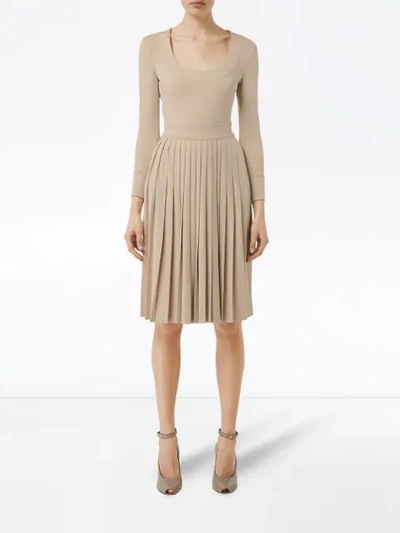 Shop Burberry Long Sleeve Pleated Dress In Neutrals