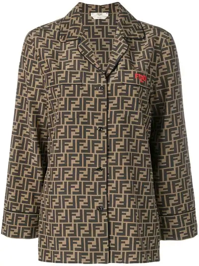 Shop Fendi Ff Logo Silk Shirt In Brown