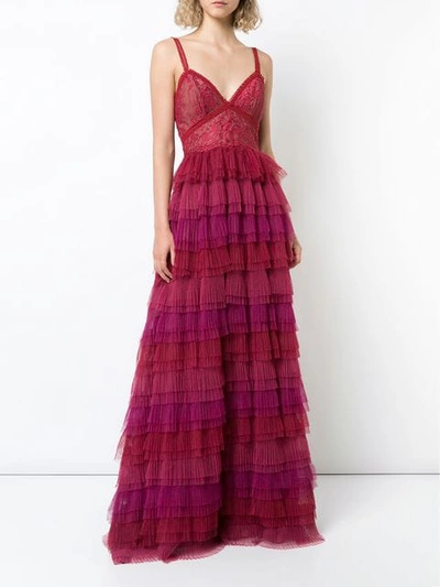 Shop Marchesa Notte Sleeveless Ruffled Lace Evening Gown In Red