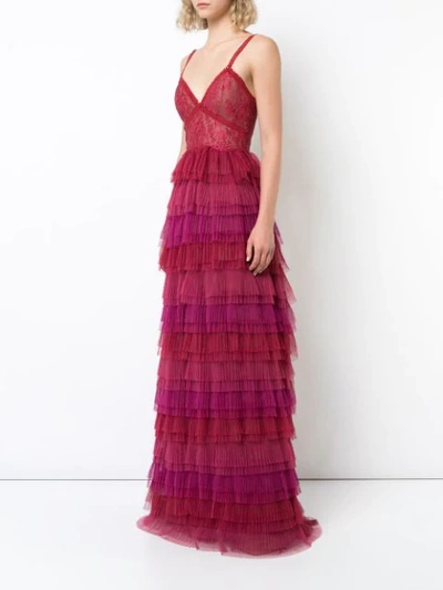 Shop Marchesa Notte Sleeveless Ruffled Lace Evening Gown In Red