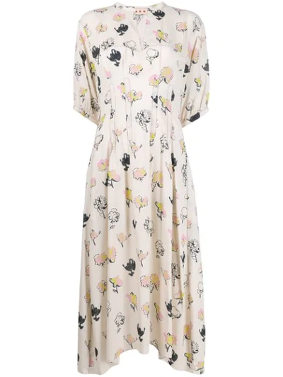 Shop Marni Floral Printed Flared Dress In Neutrals