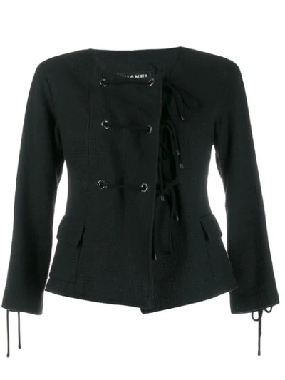 Pre-owned Chanel 2007's Collarless Lace-up Jacket In Black