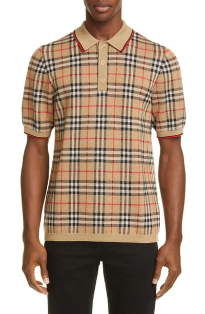 Shop Burberry Westbrook Vintage Check Short Sleeve Merino Wool Polo In Archive Beige