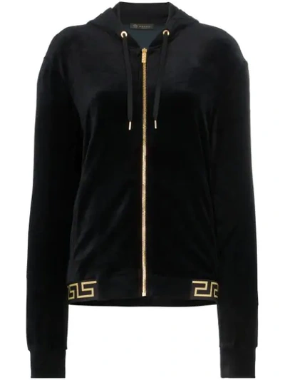 Shop Versace Greek Key-trimmed Velvet Hoodie In Black