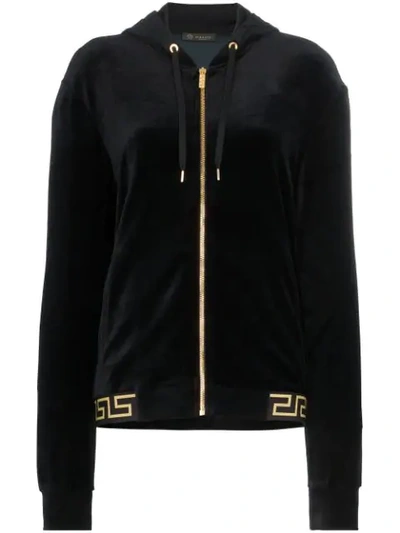 VERSACE GREEK KEY-TRIMMED VELVET HOODIE - 黑色