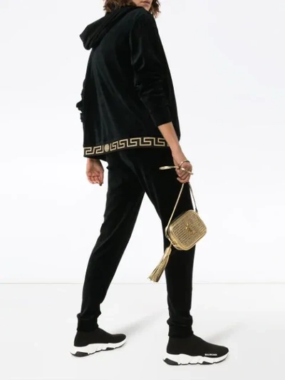 Shop Versace Greek Key-trimmed Velvet Hoodie In Black