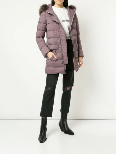 Shop Herno Faux Fur Trimmed Hood Padded Coat - Purple