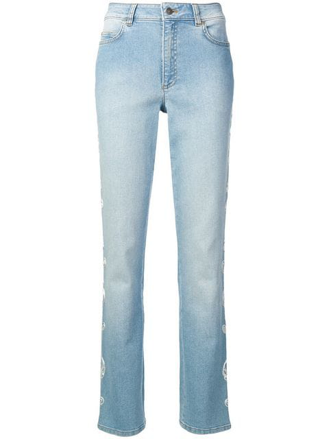 Escada Embroidered Trim Straight Jeans In Blue | ModeSens