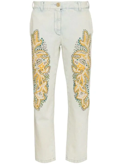 Shop Gucci Crystal Embroidered Denim Jeans In White