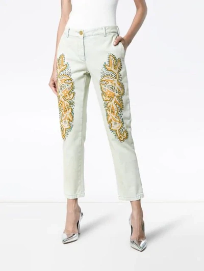 Shop Gucci Crystal Embroidered Denim Jeans In White