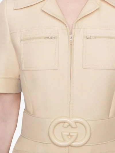 Shop Gucci Wool Silk Short Belted Jumpsuit In Neutrals