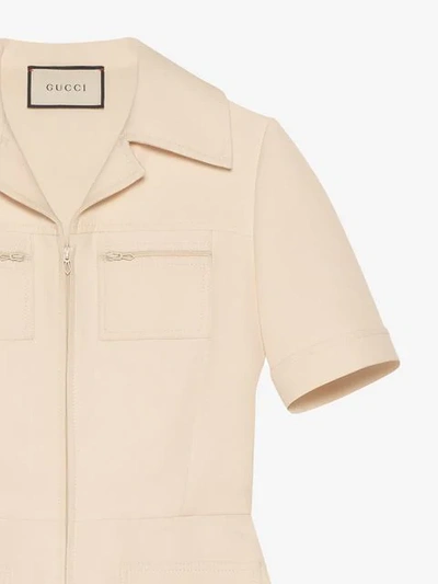 Shop Gucci Wool Silk Short Belted Jumpsuit In Neutrals