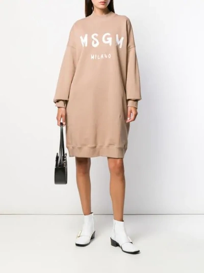 Shop Msgm Logo Print Sweatshirt Dress In Brown