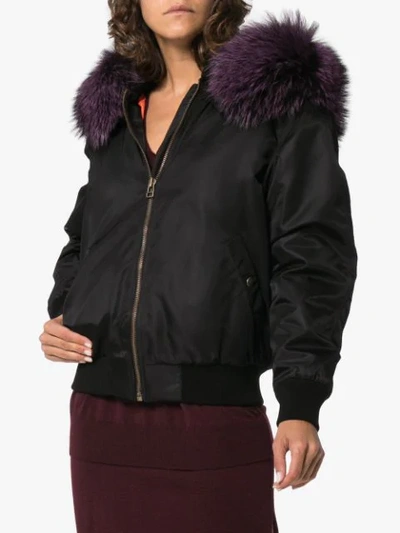 Shop Mr & Mrs Italy Black And Purple Fox Fur Trimmed Bomber Jacket