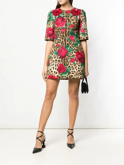 Shop Dolce & Gabbana Leopard Print Floral Dress In Neutrals