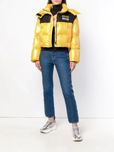 Shop Miu Miu Cropped Puffer Jacket - Yellow