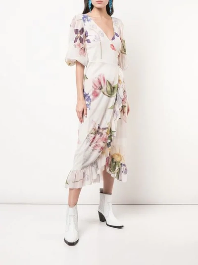Shop Ganni Floral Print Wrap Dress In White