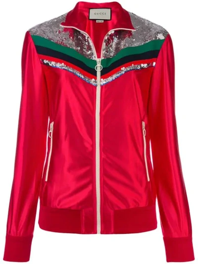 Shop Gucci Zipped Stripe Detail Jacket In Red